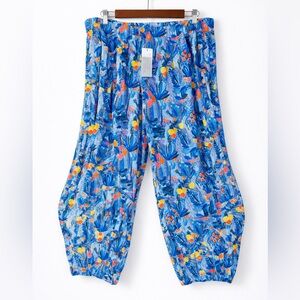 Boho Tropical Harem Pants XXL Blue Floral Resort Balloon Capri Elastic Waist